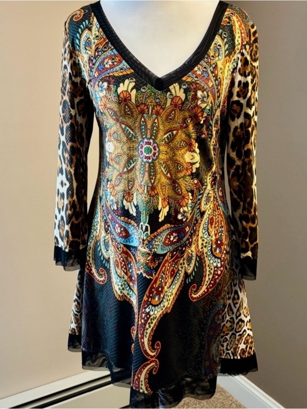 Boho Paisley Tunic Dress Small | Mixed Print Festival Mini